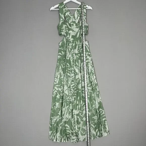 By Anthropologie Dress Womens XS Green Smocked Bandeau Leaf Tropical Cutout Maxi - Picture 9 of 14